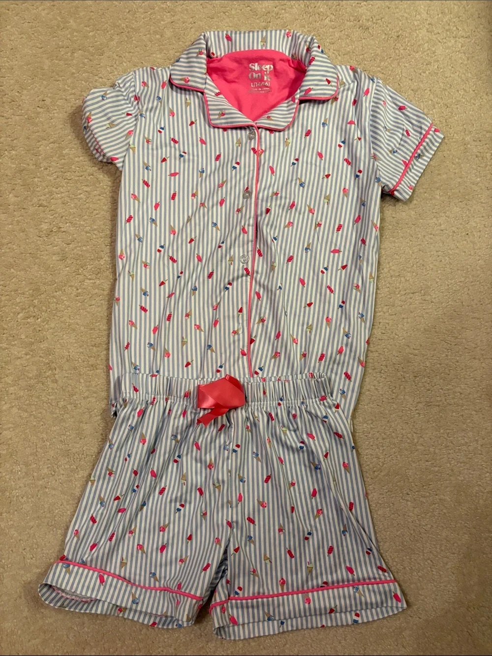 Sleep On It Blue & White Stripe Short-Sleeve Pajama Set w/ Ice Cream Cone Print